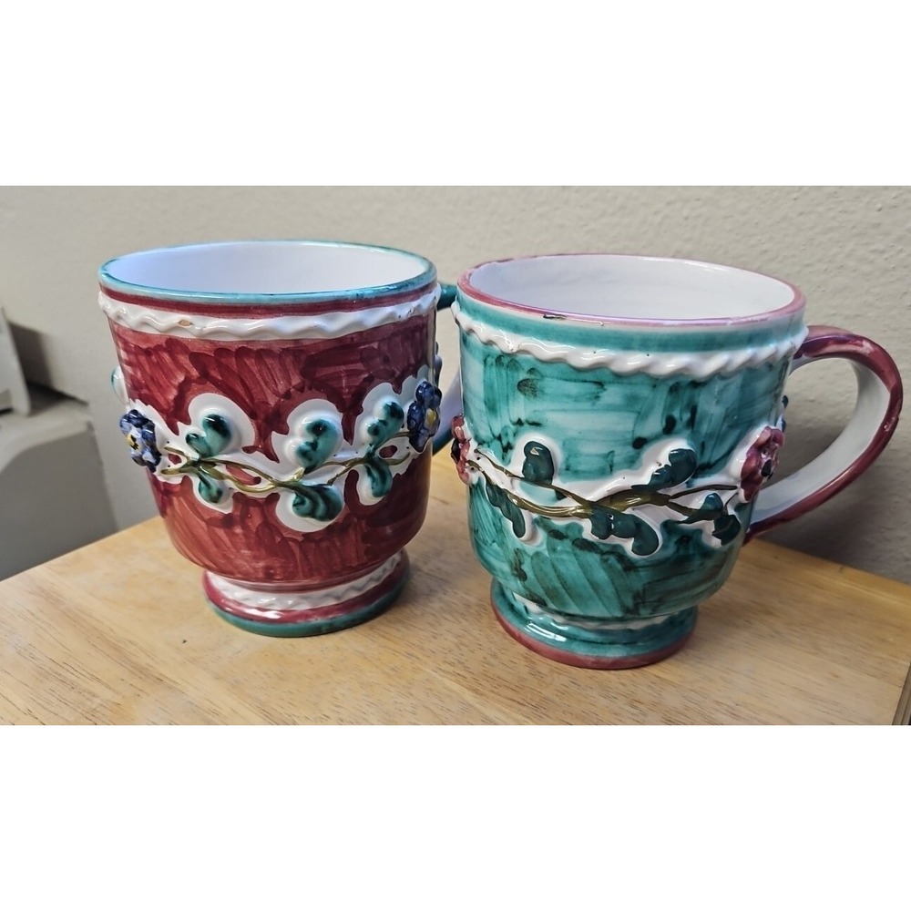 Vintage Art Pottery Coffee Cup Mugs Maroon & Green Floral‎ Hand painted 3D Vtg